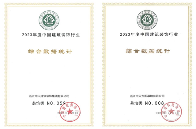 BJL平台装饰集团位列2023年度中国建筑装饰企业百强59位、幕墙百强第8位
